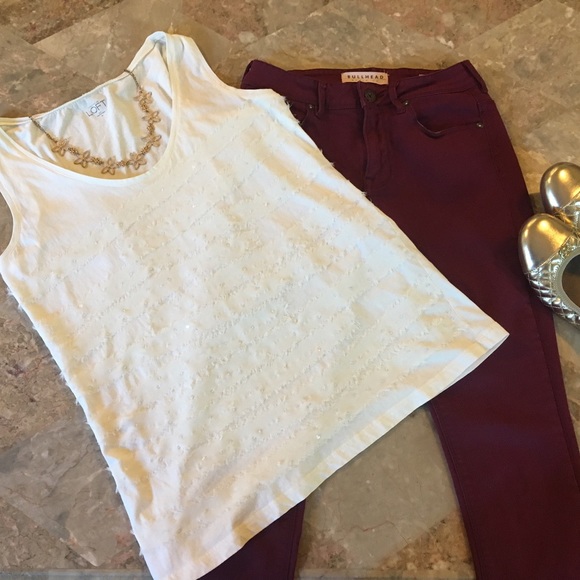 Ann Taylor Loft cream sequins tank
