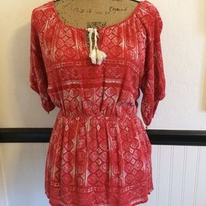 patterned red top/mini dress