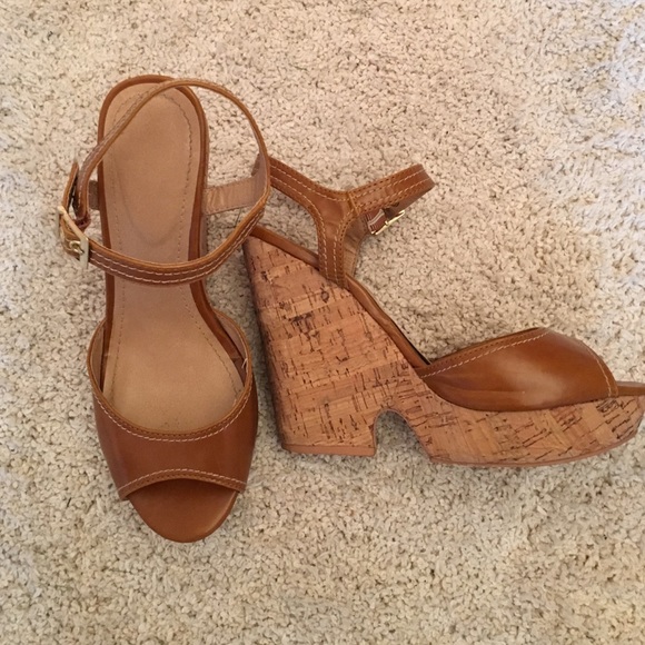 Camel Peep Toe Cork Wedges
