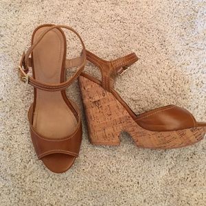 Camel Peep Toe Cork Wedges