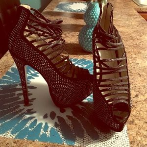 Rhinestone Strappy Black High Heels
