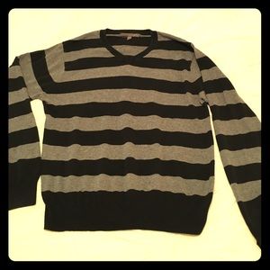Men's striped gray/black v-neck sweater