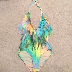 Tie dye fringe v neck festival bodysuit/swimsuit