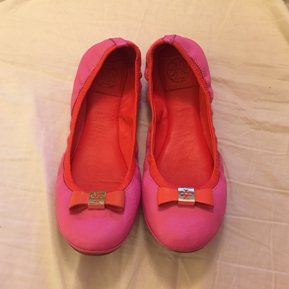 Pink and orange Tory Burch bow flats, size 7