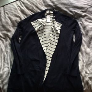 Navy with grey and white striped cardigan