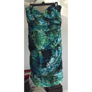 Strapless Blue Green Tropical Dress