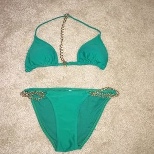 Emerald green with gold chain bathing suit