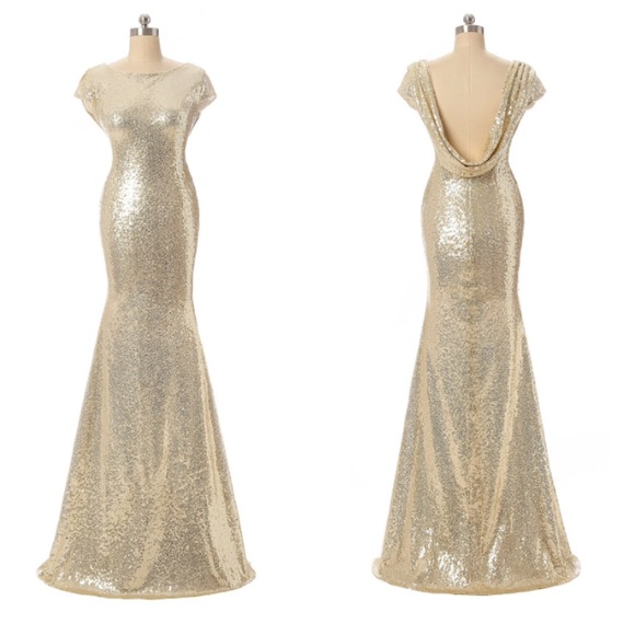 Gold Mermaid V-Neck Backless Long Bridesmaid Dress