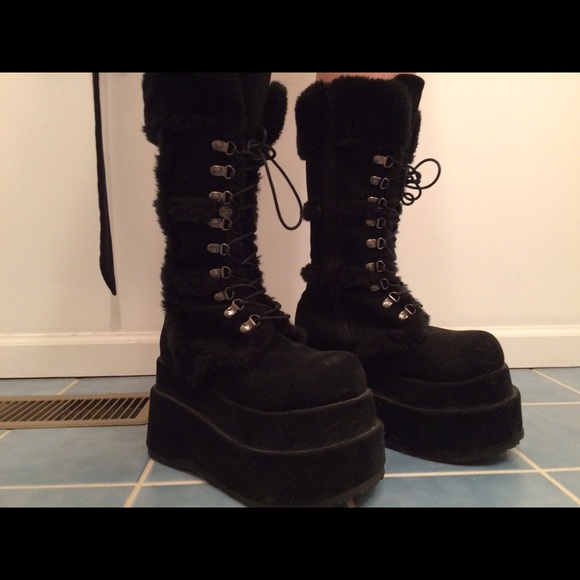 Demonia Black Vegan Suede Fur Bear Platform Boots