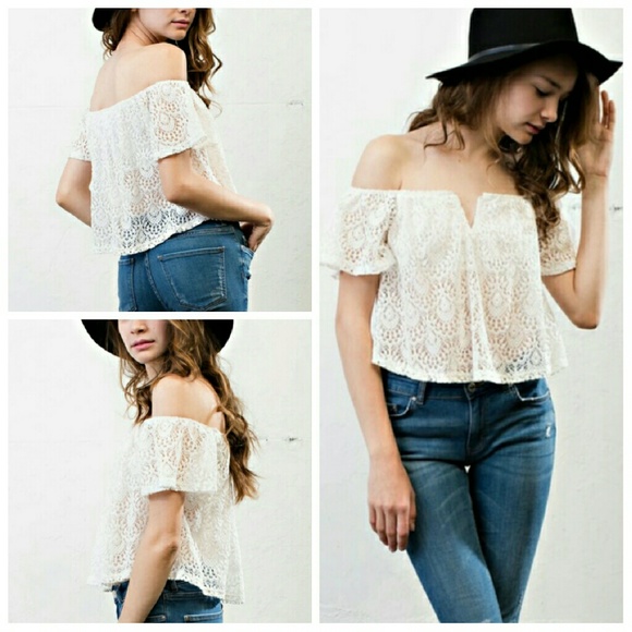 Tops - Lace Overlay Off the Shoulder Top