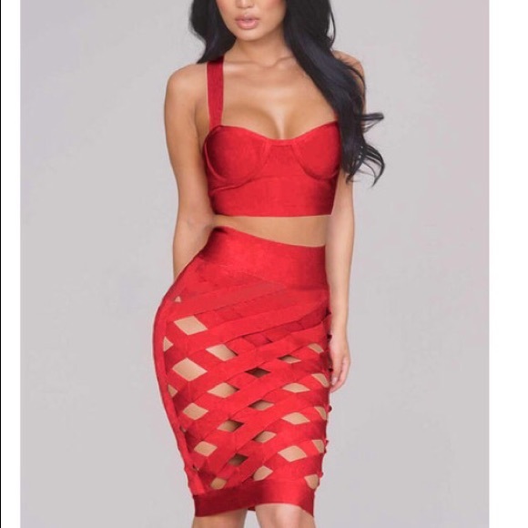 New red Straps Cross Back Cut Out 2pc Club Dress