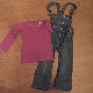 Jean overalls with purple top!