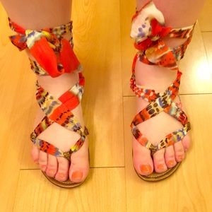Multicolor tie up scarf sandals