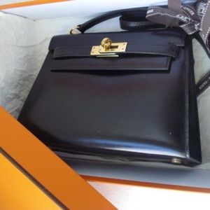XLT Auth HERMES Black Veau Box 20cm Mini Shoulder
