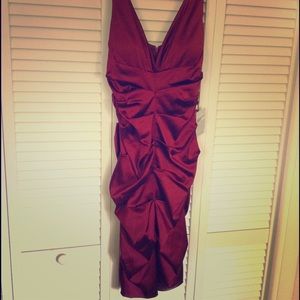 Xscape Ruched Stretch Satin Sheath Dress, Deep Red