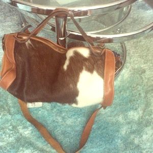 Hair calf barrel bag genuine leather