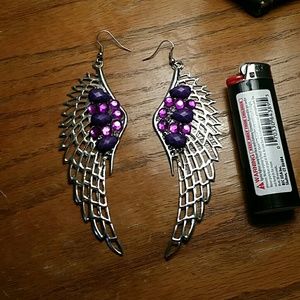 Angel wings silver tone and purple jems earings