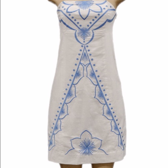 "Bowen" White & Blue Embroidered Strapless Dress - Picture 6 of 6