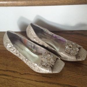 Anne Klein Gold Sparkle Open Toe Wedges
