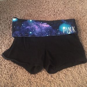 Black/galaxy love pink yoga shorts