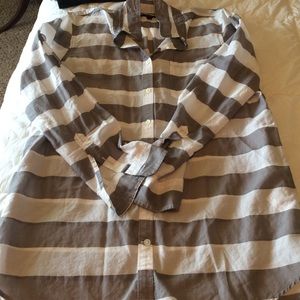 Sheer gray and white striped button up
