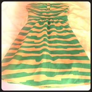 Strapless green and tan striped dress!