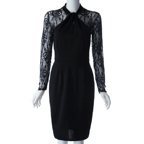 Black lace bodycon dress work career small Midi