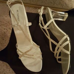 Silvery shimmer sandal with clear heels worn once
