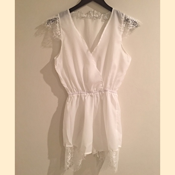  White Chiffon Deep V Neck Romper - Picture 2 of 4