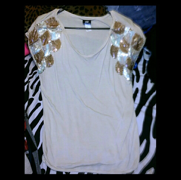 Tan Bling H&M V Neck Dress Top Medium