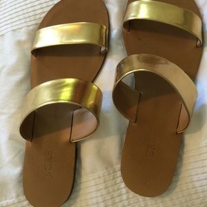 J Crew slide on gold sandals.