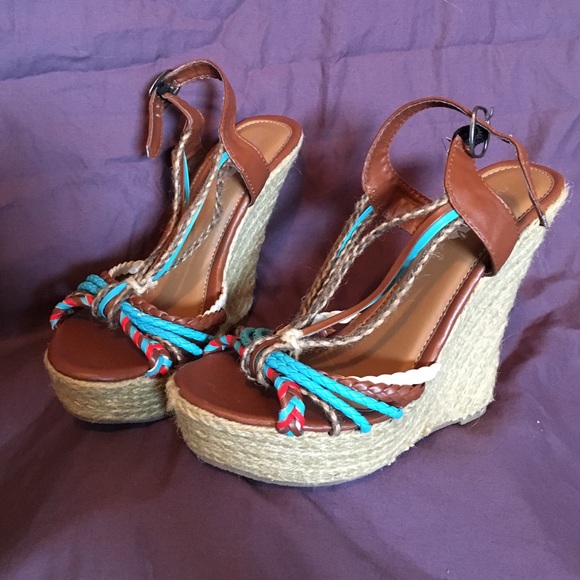 NEVER WORN! multi colored leather and rope wedges.