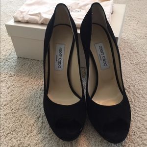 Jimmy Choo Black Suede Peep Toes