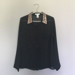 Black Sheer Blouse with Sequin Collar♡
