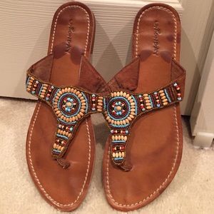 Flat leather indian beaded flip flop sandals