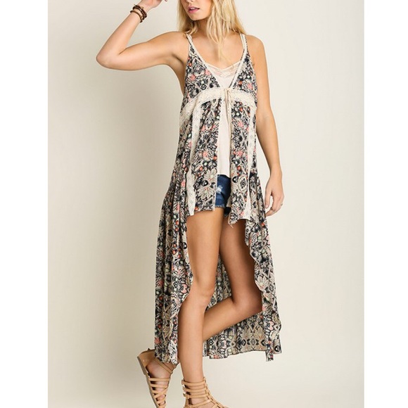 Tie Front Maxi Printed Vest Duster - Picture 3 of 4