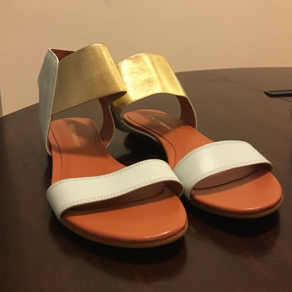 Rebecca Minkoff baby blue and gold sandals.