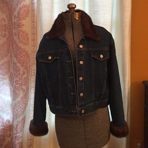 Denim quilted jean jacket, mink collar and cuffs.
