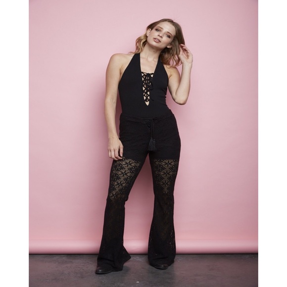 Black Lace Up Ribbed Halter Bodysuit - Picture 2 of 4