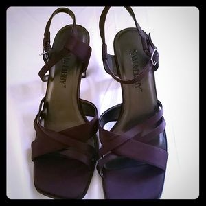 Plum open toe sandals with a 2 3/4 inch heel.