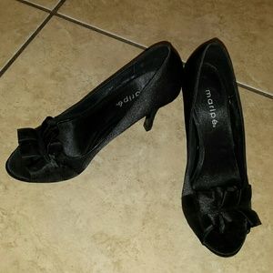 Black satin slip on heels