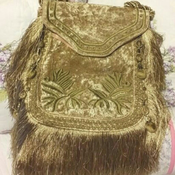 Velvet Pink Gold Fringe Bag