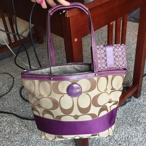 Coach F15112 Signature Strip Tote Khaki Purple
