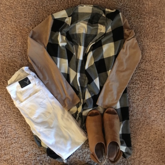 Tan, black and white checkered cardigan.