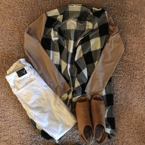 Tan, black and white checkered cardigan.