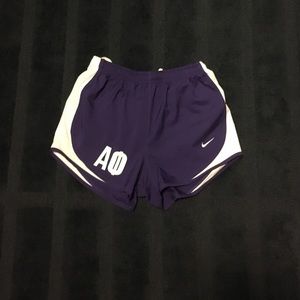 Alpha Phi purple and white Nike running shorts