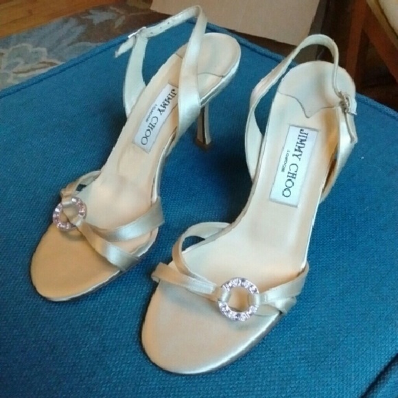 Jimmy Choo cream satin pink crystal sandals heels