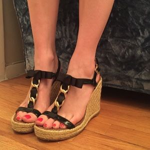 Kate Spade Black Bow Woven Wedges Sz 7