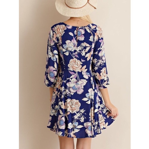 Navy Floral Bell Sleeve Swing Dress - Picture 2 of 3