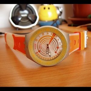 Orange and silver scuba Swatch watch